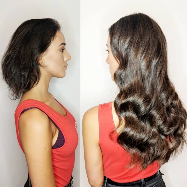 dark russian hair extensions before and after with curls