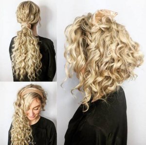 blond curls hair extensions up and down with headband on client