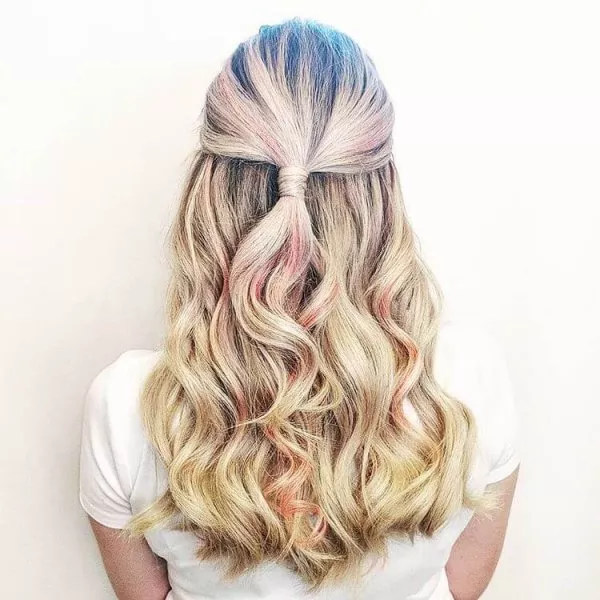 blond with streaks of pink slavic and russian hair extensions styled